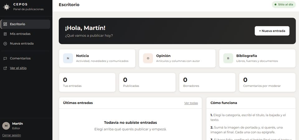 Panel de administrador del CEPOS para publicar artículos